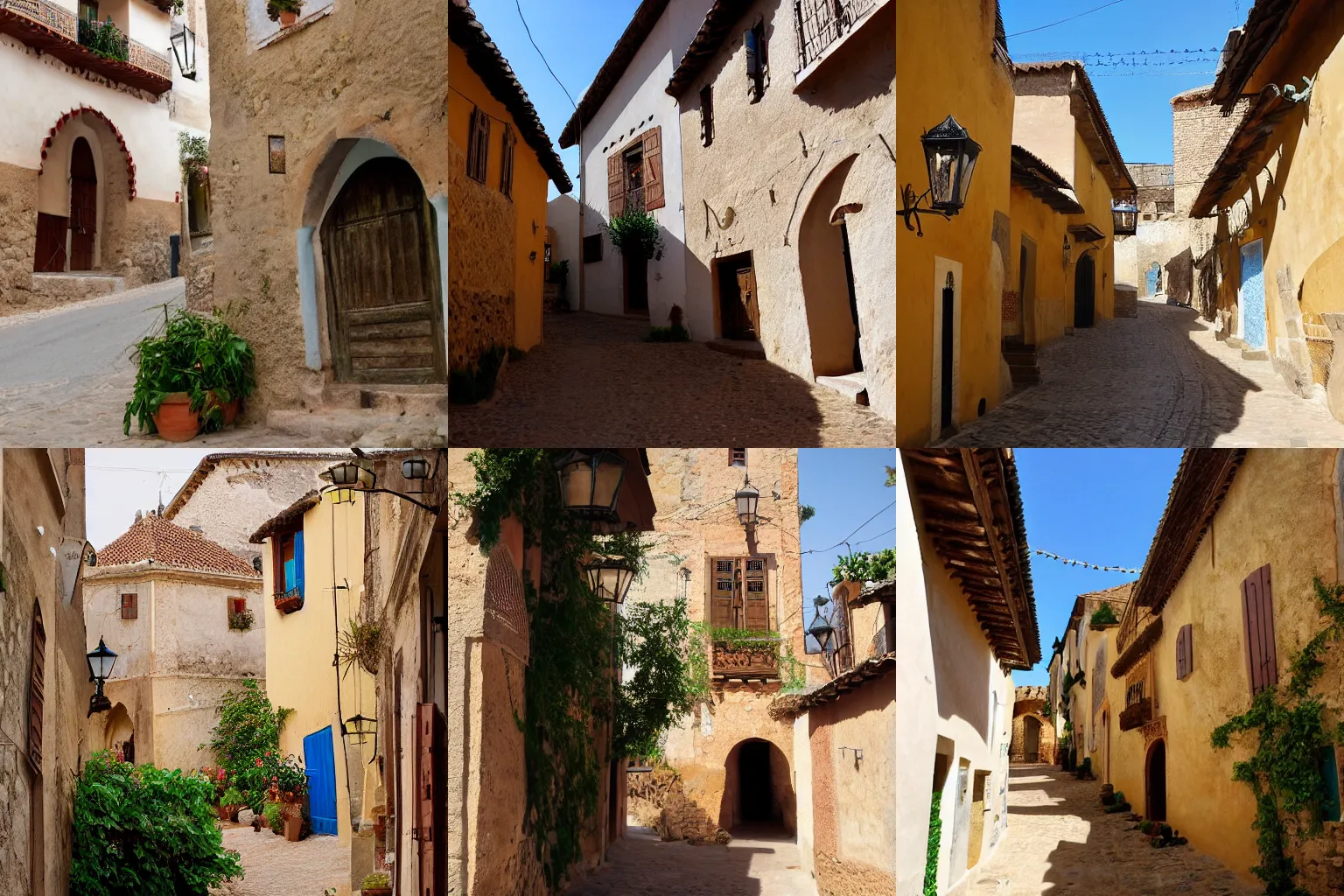 Prompt: old French village heavily influenced by Moroccan architecture
