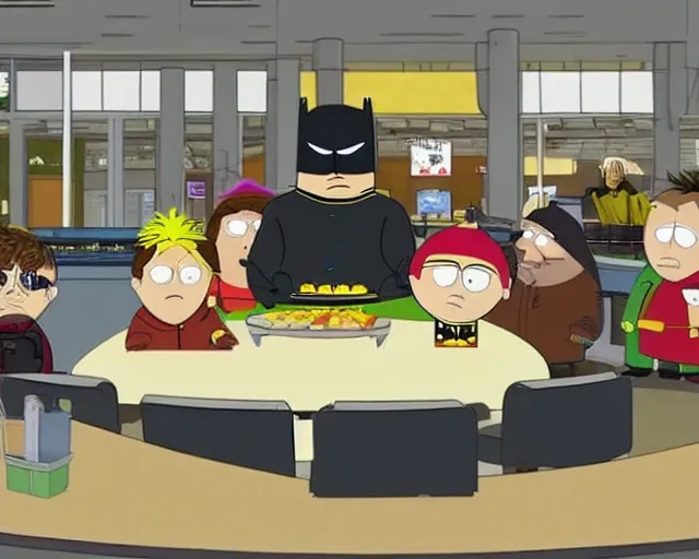 Prompt: batman working at the cafeteria, serving lunch to stan, kyle, cartman and kenny, on an episode of south park, cdx