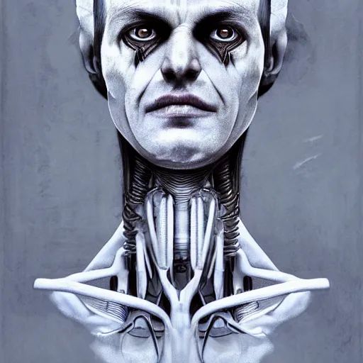 Image similar to surreal portrait of a man by Greg Rutkowski and H.R Giger, symmetrical face, he is about 30 years old, west slav features, short blonde hair with bangs, attractive, smart looking, slim, somewhat androgenic, transformed into a kind of biomechanical transhuman god, disturbing, terrifying but fascinating, with a determined and sinister expression on his face, cosmic void background, frightening, fascinating, highly detailed portrait, digital painting, book cover, artstation, concept art, smooth, sharp foccus ilustration, Artstation HQ