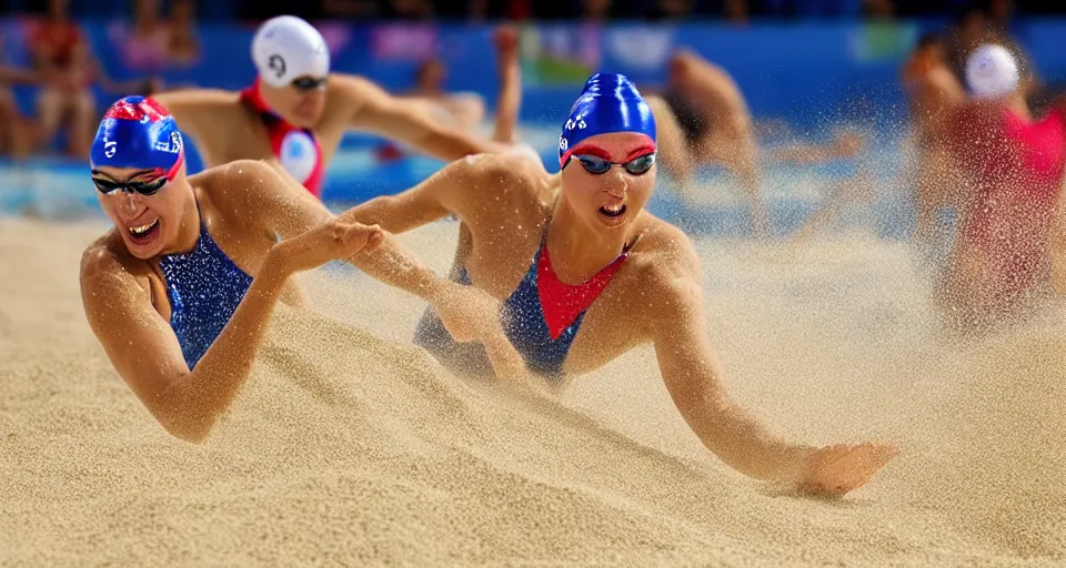 Image similar to olympic swimming in sand instead of water, extremely coherent, motion blur