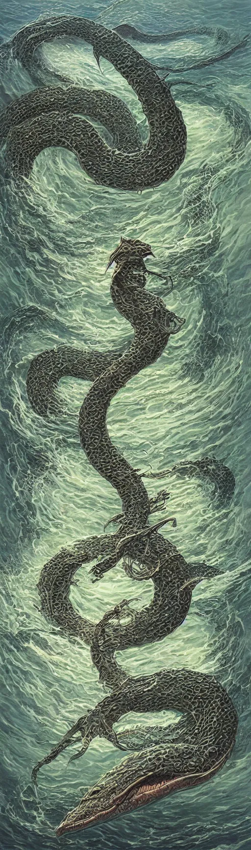 Prompt: Sea serpent, illustration by Michael Whelan, fantasy art, visionary art, acrylic painting, smooth blending