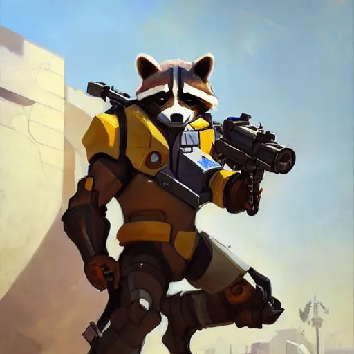 Image similar to greg manchess portrait painting of armored rocket raccoon as overwatch character, medium shot, asymmetrical, profile picture, organic painting, sunny day, matte painting, bold shapes, hard edges, street art, trending on artstation, by huang guangjian and gil elvgren and sachin teng