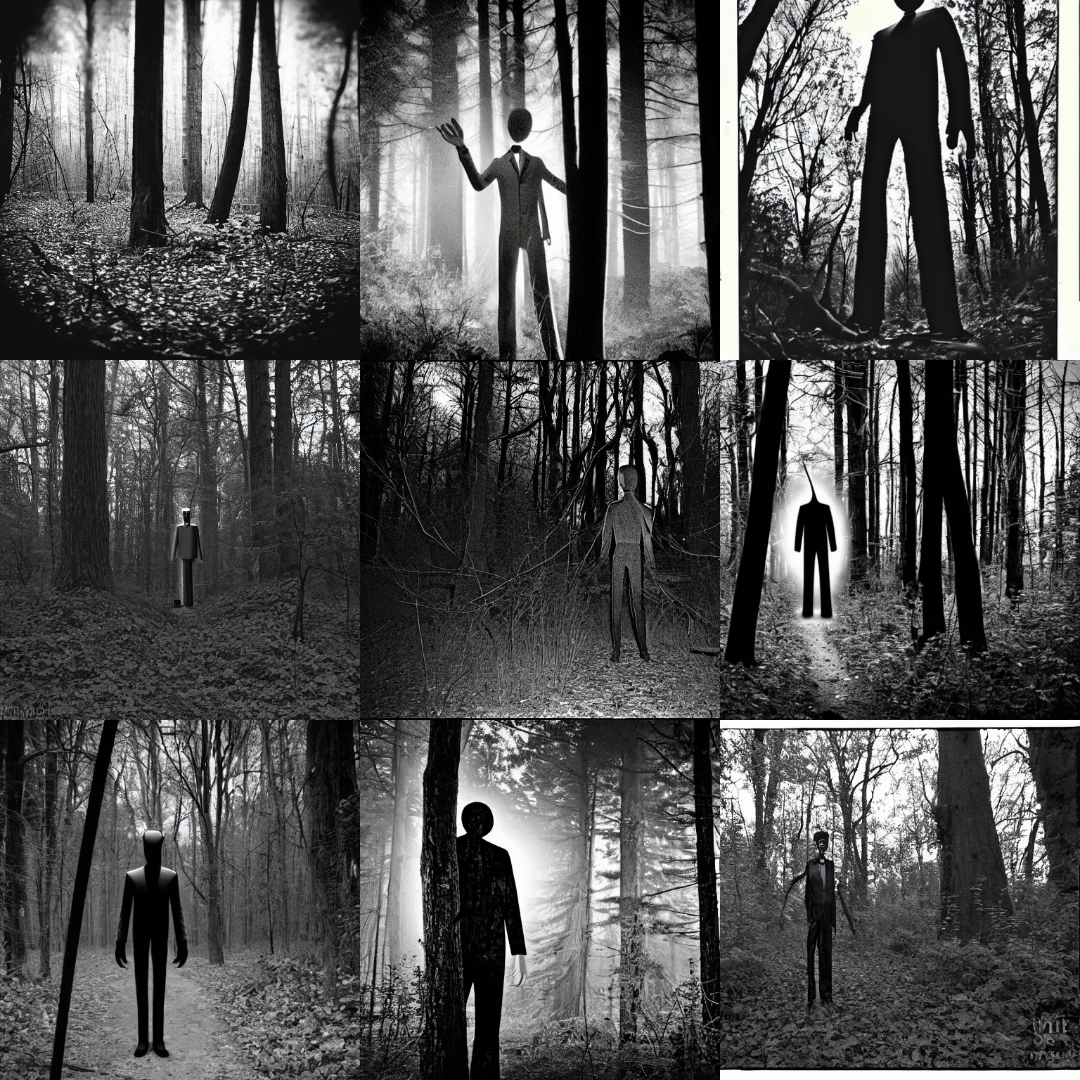 Prompt: slenderman in the woods at night, trail camera black and white