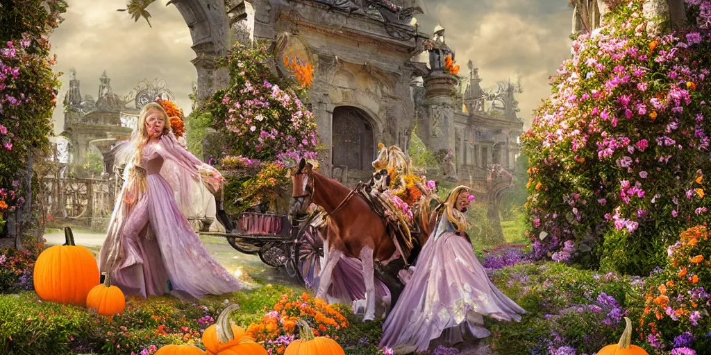 Prompt: fairytale princess entering the gates of her majestic palace of flowers , with horse driven , carriage made of pumpkins , epic scene unreal render hyperrealistic detail Star Wars fantasy art behance