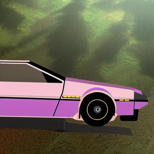 Prompt: primitive, low polygon render of a pink delorean in the jungle