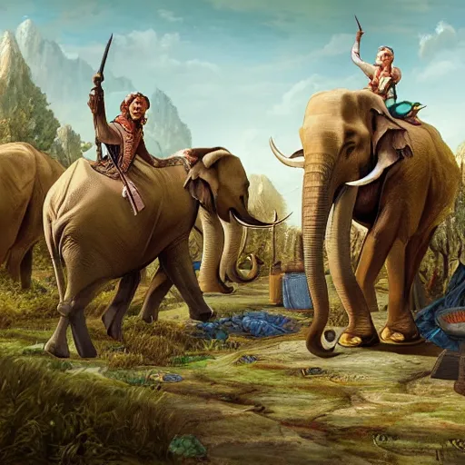 Image similar to the grand duke, leading a herd of elephants to market, fantasy, digital illustration, intricate