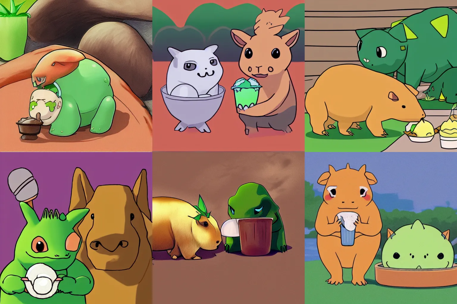 Prompt: bulbasaur and a capybara being friends eating ice cream