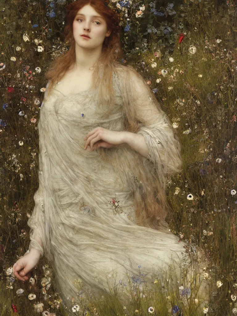 Image similar to beautiful pre - raphaelite woman, flower halo, flowing gown with empire waist in a wildflower meadow, floating leaves, fairys and flower petals in background, painterly, briar patch, thorns, dreamy, painted by jeremy mann, edward burne - jones, and john everett millais, alma tadema, ethereal, stunning, god rays, detailed