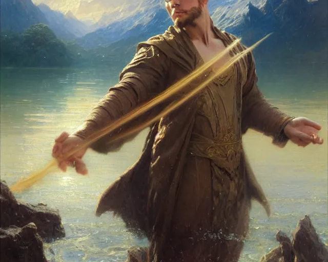 Image similar to attractive male wizard casting powerful tsunami wave spell in a beautiful lake. highly detailed painting by gaston bussiere, craig mullins, j. c. leyendecker 8 k