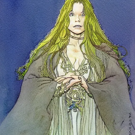 Image similar to a beautiful and very detailed character concept watercolour portrait of sanna marin, the young female prime minister of finland as a druidic wizard by alan lee, rebecca guay, michael kaluta, charles vess and jean moebius giraud