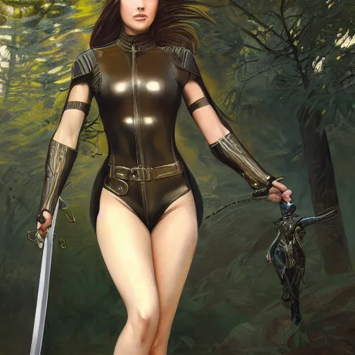 Image similar to painting of a female wearing a skintight leather jacket holding a sword in a forest, large thighs, perfect face, comic book art, beautiful! coherent!, intricate, elegant, highly detailed, digital painting, artstation, smooth, sharp focus, illustration, art by artgerm and greg rutkowski and alphonse mucha, 8 k