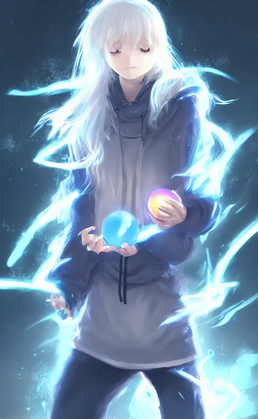 Image similar to anime girl with wavy white hair in a hoodie holding an electric ball, WLOP, concept art, digital painting, trending on artstation, highly detailed, epic composition, 8k UHD