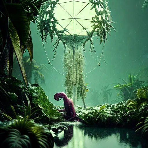 Prompt: creature in a lush tropical vegetation, snow snow, water reflection, night, backlit : : by michal karcz, daniel merriam, victo ngai and guillermo del toro : : ornate, dynamic, particulate, intricate, elegant, highly detailed, centered, artstation, smooth, sharp focus, octane render, 3 d