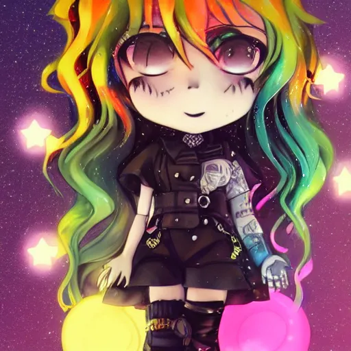 Image similar to pinup pose, portrait of a grungy skull anime and chibi very cute doll by super ss, cyberpunk fashion, nendoroid, kawaii, curly pink hair, night sky, looking up, swirly clouds, neon yellow stars, by wlop, james jean, victo ngai, muted colors, highly detailed