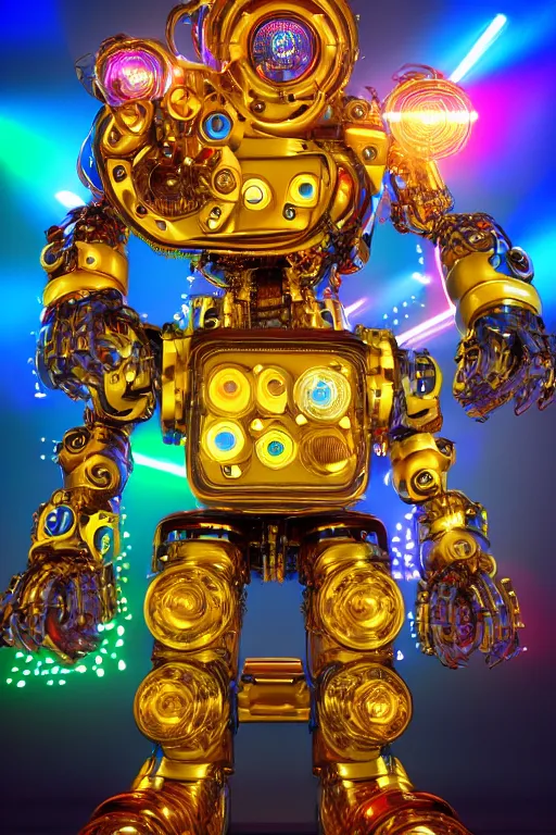 Image similar to portrait photo of a giant huge golden and blue metal futuristic steampunk robot covered with multicolored big gears and tubes, eyes are glowing red lightbulbs, robot holds a huge red electric guitar, shiny crisp finish, 3 d render, 8 k, insaneley detailed, fluorescent colors, background is multicolored lasershow