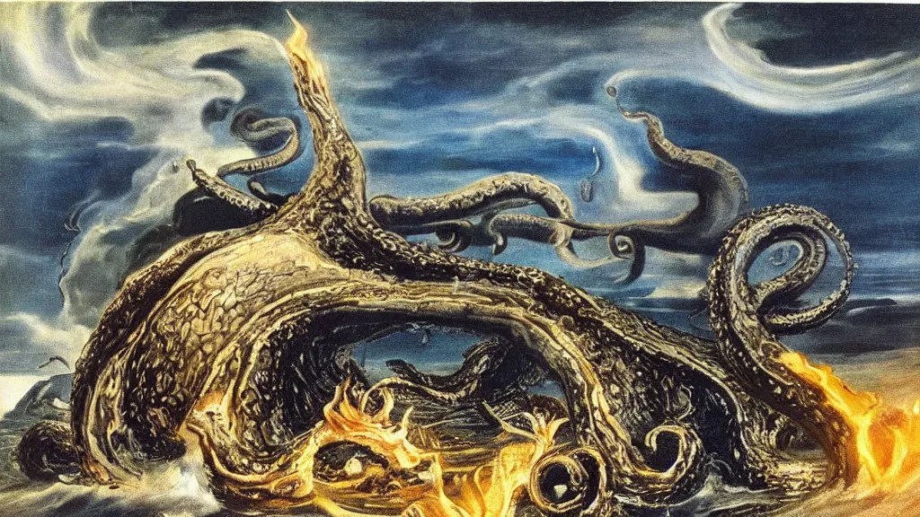 Prompt: a giant kraken emerges from the ocean on a beautiful dark night, flashes of lightning and fire, extraodinary masterpiece!!!!!!, by Salvador Dali