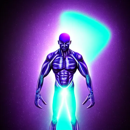 Prompt: muscular purple alien with glowing blue veins, realistic, detailed