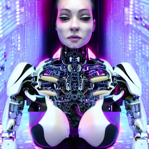 Image similar to an extremely beautiful biomechanical female looking robot with large emoji tattoos, neon jacuzzi, extremely beautiful oppai cyberpunk, chimeric organism, holodeck, pale skin, organic polycarbon, full frontal, portrait, highly detailed, transhumanist hydration, symmetrical, mechanical, mendelbrot fractal, ray tracing, hyperdetailed, hyperrealistic, trending on artstation, octane render, hdr, uhd 4k