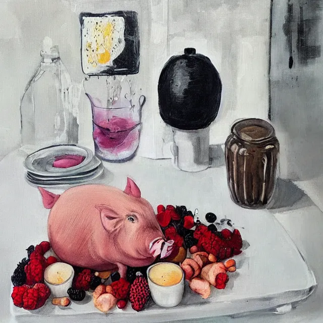 Image similar to “ a portrait in a female art student ’ s apartment, sensual, a pig theme, pork, pottery supplies, pottery work in progress, a candle dripping white wax, pottery glaze, squashed berries, berry juice drips, acrylic and spray paint and oilstick on canvas, surrealism, neoexpressionism ”