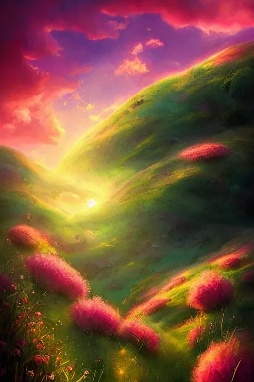 Image similar to beautiful dreamy hilly verdant landscape at sunset by Anna dittmann. Flowers. Pink puffy clouds. Beautiful sunset colours.