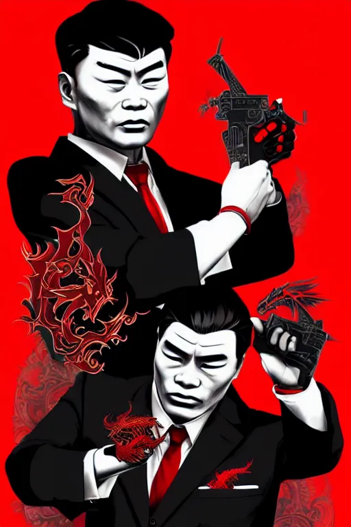 Image similar to chinnese mafia, with black suit and red tissue, some of leader have dragon tatto. digital art, concept art, pop art, bioshock art style, accurate, detailed, gta chinatown art style, dynamic, face features, body features, proportional, ultra realistic, smooth, sharp focus, art by richard hamilton and mimmo rottela