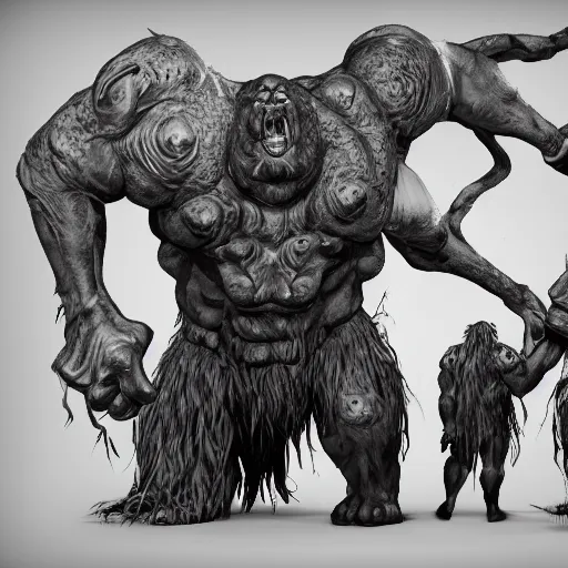 Image similar to a giant ettin with two heads from dnd in a dark forest, digital art, high quality render, artstation