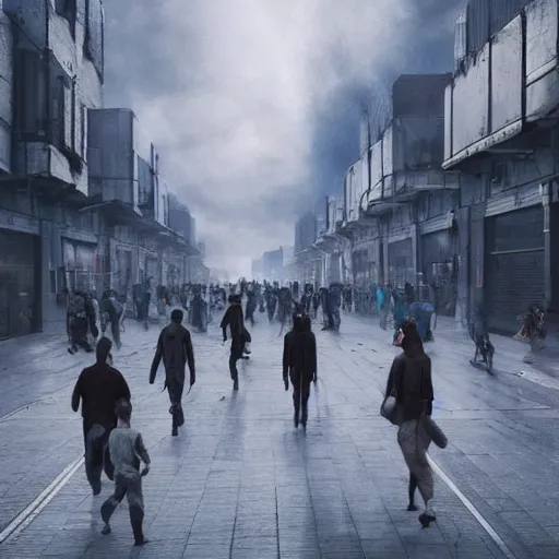 Image similar to hordes of drone-like people aimlessly walking around a depressing dystopian cityscape , trending on artststion, hyper realistic, surreal, melancholic, 8k, upscaled