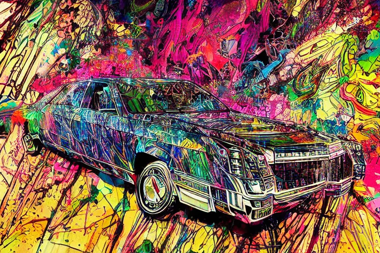 Image similar to psychedelic cadillac illustrations by Ralph Steadman and Bill sienkiewicz and carne griffiths