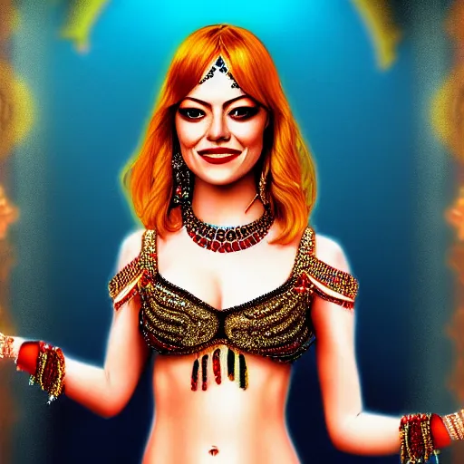 Prompt: a portrait of emma stone dressed as a belly dancer, arabian night, high quality, fully detailed, 4 k, in focus face with fine details, realistic hand details and anatomy, inspired by belly dancer shakira