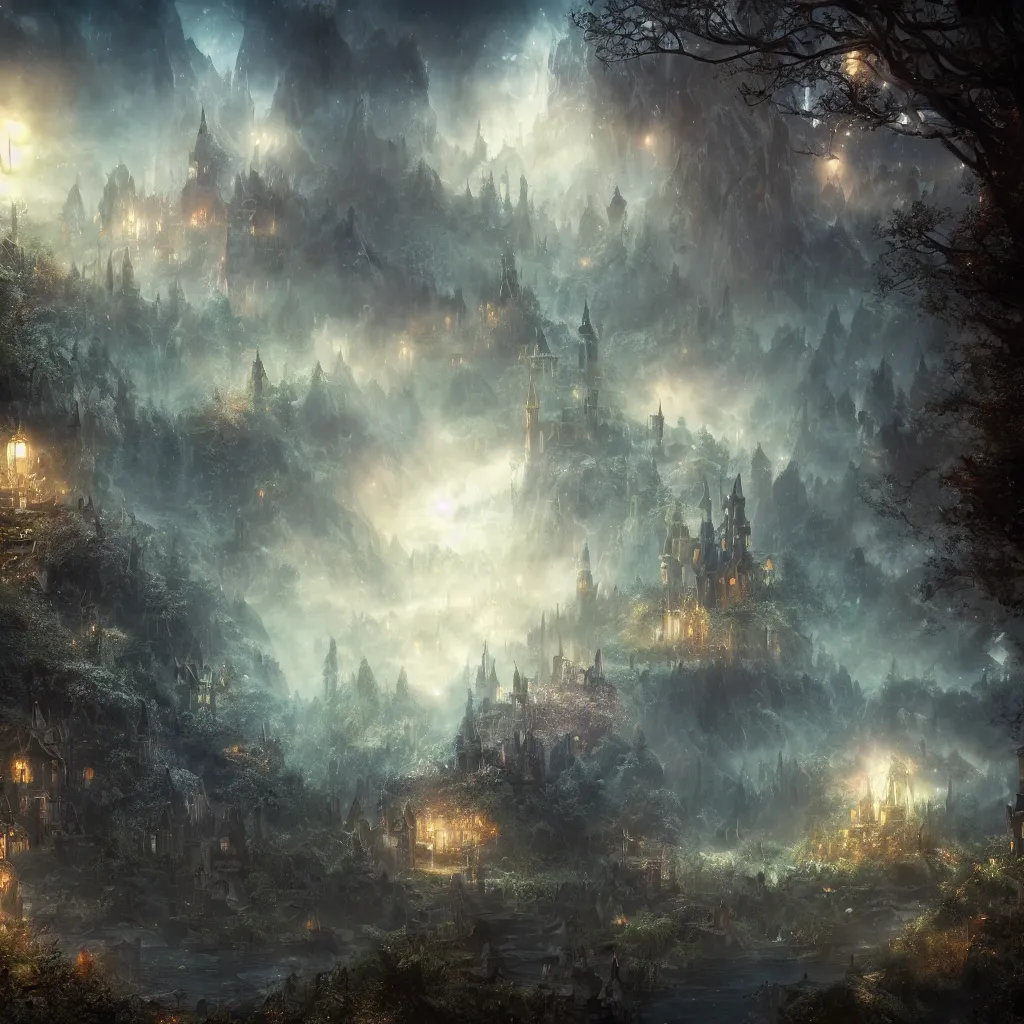 Prompt: kingdom of elves, outside of time and space, dreamy, romantic, night lighting, gorgeous lighting, dramatic cinematic lighting, intricate, highly detailed, 8 k