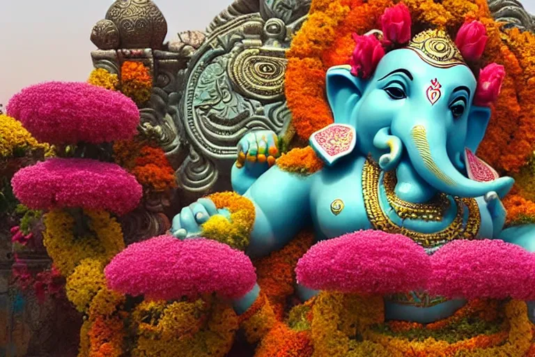 Prompt: beautiful dreamy! biomorphic new delhi, ganesha!! building, kalighat flowers, octane highly detailed cinematic, stephen shore & john j. park, soft morning light, wide shot, aerial shot, uhd 8 k, shallow depth of field