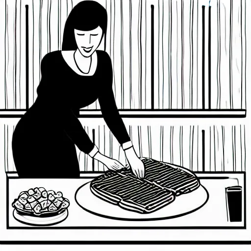 Image similar to book illustration of your mom making gigantic waffles, book illustration, monochromatic, white background, black and white image