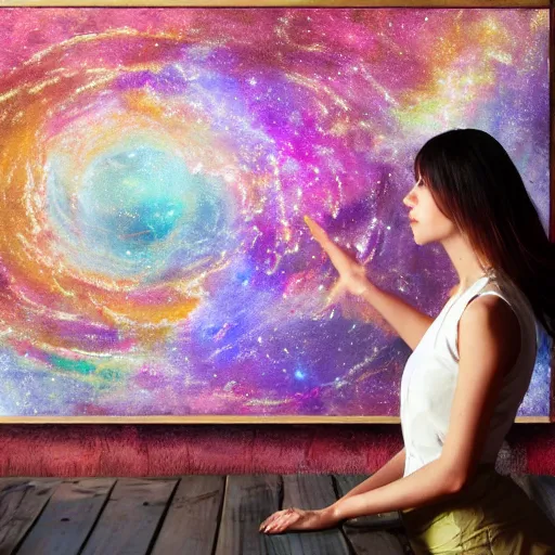 Image similar to a beautiful painting of a cute lady cartographer looking over a large paper map of galaxy spiral psychedelic human consciousness. the map is resting on a wooden table. digital art painting featured on artstation