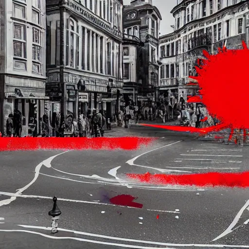 Image similar to A British European City with cars and people roaming inside of the city, certain aspects of the background are lens blurred, splatters of red and red paint circle significant parts of the city, blots of red paint, some of the people are even painted red, black and white photograph painting, real life, realistic, hyperrealistic, very realistic, photo photograph, photo, photograph, painting, oil painting, ultra realistic, very detailed, extremely detailed, highly detailed, HD Quality, 4k resolution, 8k resolution, trending on artstation, in the style of an Album Cover, cool, epic, nostalgic, intricate details