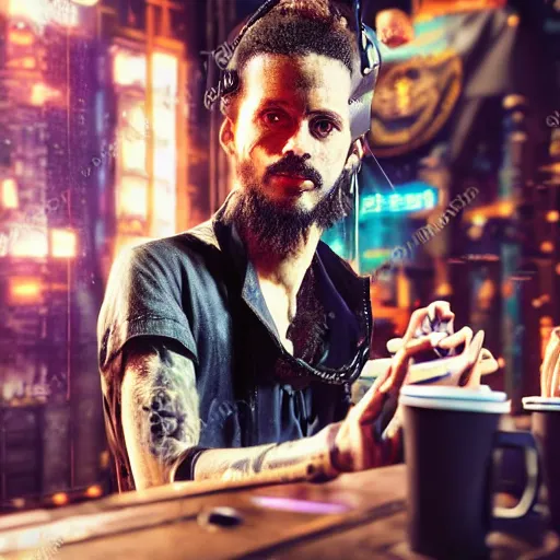 Image similar to high quality portrait of a pirate with four arms in a cyberpunk cyberpunk cyberpunk cafe, realism, 8k, award winning photo