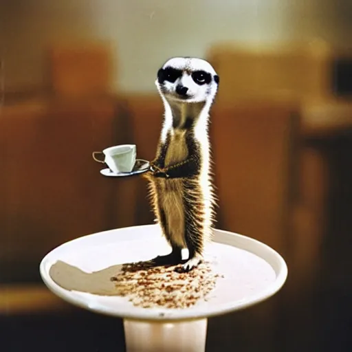 Image similar to meerkat drinking coffee, hedgehog drinking martini, cinematic, kodachrome