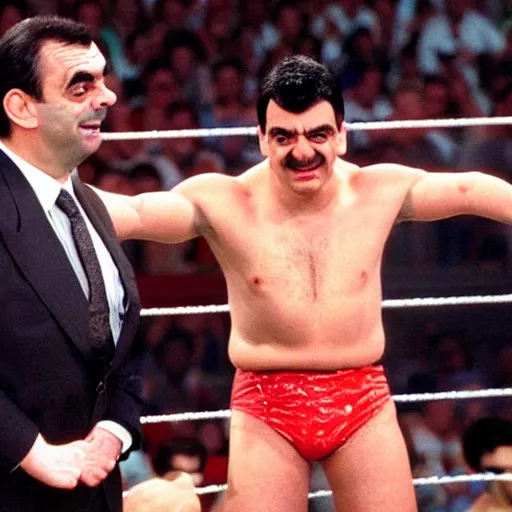 Prompt: Mr Bean in WWE, 1990