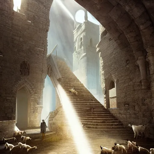 Prompt: a herd of goats! climbing stairs in a beautiful fantasy castle made from white stone and bright copper, medieval city, metropolis, magic, tall towers, sunlight, white marble, god rays, digital art, landscape, fantasy art, octane render, unreal engine, high detail, very realistic, by greg rutkowski. by james gurney