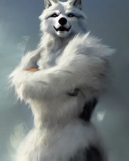 Image similar to a anthropomorphic wolf race car driver with white fur. Renowned character illustration by by Edgar Maxence and Ross Tran