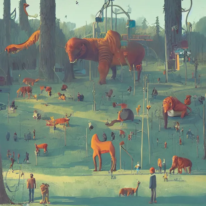 Image similar to a beautiful day at the zoo, by simon stalenhag