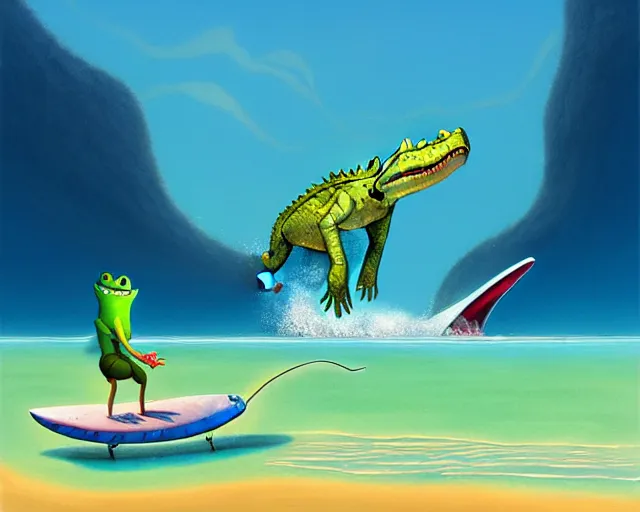 Prompt: a crocodile surfing at the beach, funny cartoonish, by gediminas pranckevicius h 7 0 4