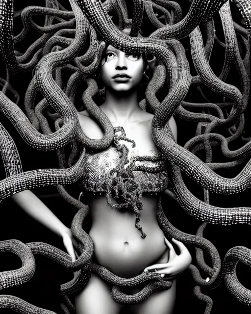 Image similar to surreal mythical dreamy artistic black and white fine art photo of a beautiful young female queen - medusa - cyborg covered with metal fish scales and translucent algae, highly detailed, intricate crystal ivy jelly fish scales ornate, poetic, octane render, 8 k, photo - realistic