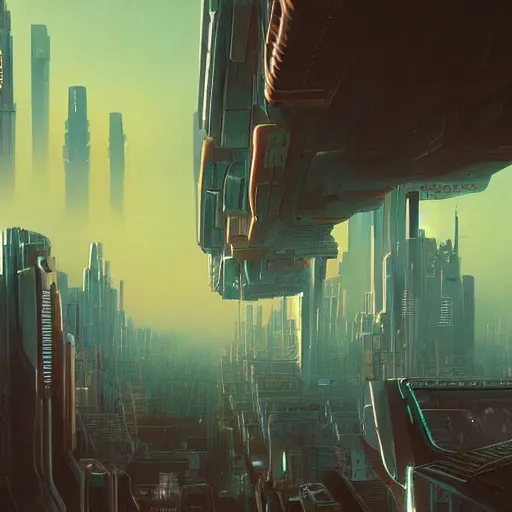 Prompt: distant view of a futuristic cyberpunk city, daylight, blue sky, cinematic lighting, blue sky, syd mead, john harris