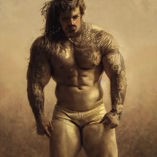 Image similar to handsome portrait of a wrestler guy bodybuilder posing, war hero, wearing singlet, intricate tattoos, radiant light, caustics, by gaston bussiere, bayard wu, greg rutkowski, giger, maxim verehin