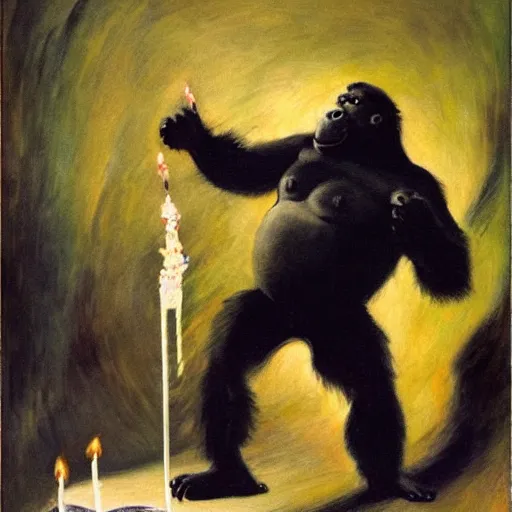 Prompt: candid of an oversized gorilla blowing out birthday candles on a cake, glowing with silver light, painting by franz marc, by jean - leon gerome, by winsor mccay, today's featured photograph, 1 6 k, character design, set design