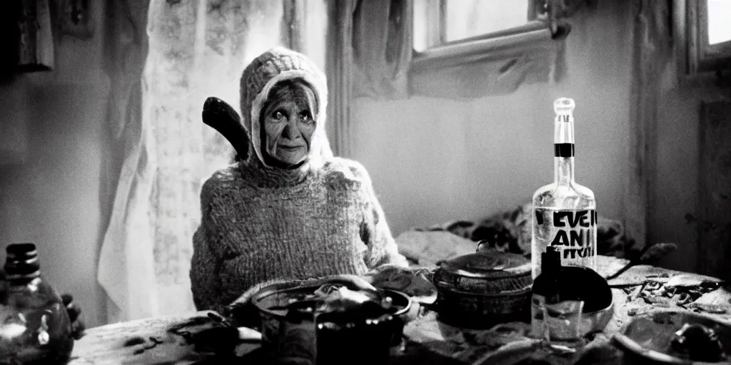 Prompt: alien from movei alien 1 9 7 9 staying with bottle of vodka in russian village with old woman. cold light, cinematic colors, high detail