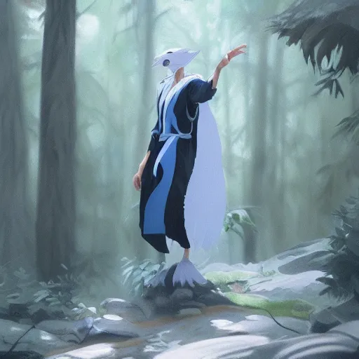 Image similar to concept art painting of an anthropomorphic humanoid white raven wearing dark blue robes, in the deep forest, realistic, detailed, cel shaded, in the style of makoto shinkai and greg rutkowski and james gurney