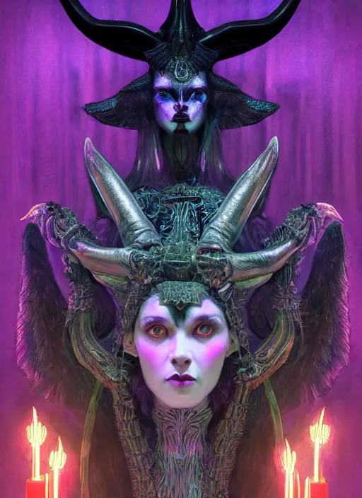 Prompt: inside covens den, diffuse lighting, neon demon exorcist baphomet hyper ornate wiccan masks, hdrp render, intricate wiccan facial detailing, highly detailed, lifelike, photorealistic, digital painting, artstation, unreal 5, smooth, sharp focus, art by john collier, albert aublet, krenz cushart