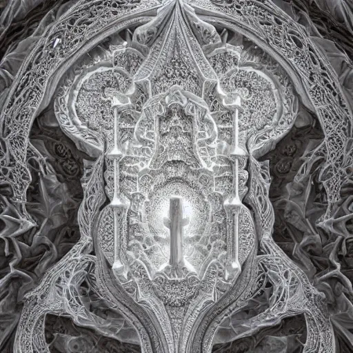 Image similar to a beautiful 3 d stone carving of an intricate mandelbrot fractal cathedral populated by fractals by android jones, carved soap, white color scheme, unreal engine, volumetric lighting, dynamic lighting, bright, dramatic lighting, high contrast, carved marble, opalescent, sacred geometry, religious, angelic, catholicpunk, stark, trending on artstation
