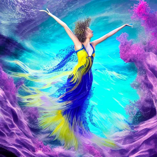 Image similar to masterpiece artwork of beautiful geni morrow woman dancing underwater wearing a flowing dress made of blue, magenta, and yellow seaweed, delicate coral sea bottom, swirling silver fish, swirling smoke shapes, octane render, caustics lighting from above, cinematic, hyperdetailed